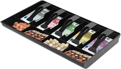 Cash drawer, 40.5 x 24.5 x 3.5 cm, money organiser, cash drawer, 9 compartments with 5 banknotes and 4 coins, removable cash drawer for point of sale system (black)
