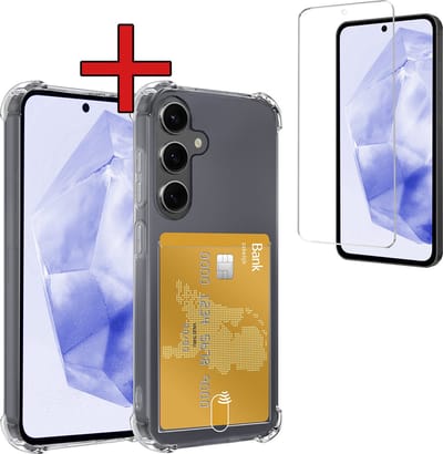 Hoesje - Geschikt voor Samsung Galaxy A35 - Met Screenprotector - Pashouder - Kaarthouder - Back Cover - Telefoon Hoes Shockproof - Siliconen Case - Shock Proof - Pasjes Houder - Telefoonhoes - Transparant