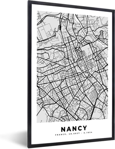 Fotolijst incl. Poster - Stadskaart - Frankrijk - Kaart - Nancy - Plattegrond - 40x60 cm - Posterlijst