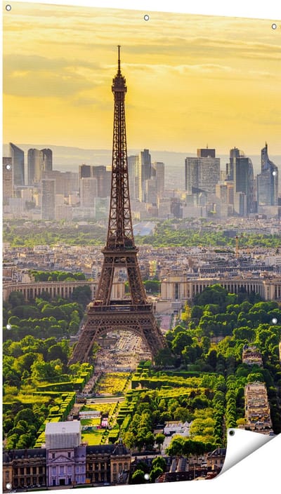 Gards Tuinposter Skyline van Parijs met de Eiffeltoren - 100x150 cm - Tuindoek - Tuindecoratie - Wanddecoratie buiten - Tuinschilderij