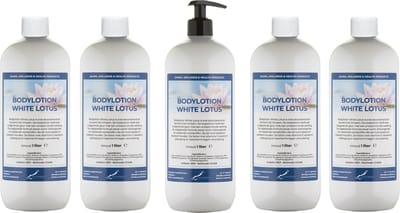 Bodylotion White Lotus 1 Liter - met gratis pomp - set van 5 stuks - Voordeelverpakking