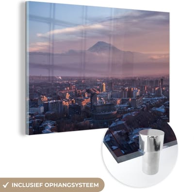 ® Glasschilderij 180x120 cm - Schilderij acrylglas - Skyline van Jerevan in Armenië uitkijkend op de Ararat - Foto op glas - Muurdecoratie woonkamer - Wanddecoratie slaapkamer - Schilderijen