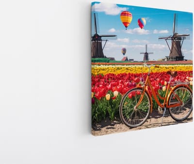 Saammp Canvas Schilderij - Fiets - Molens met Tulpenvelden - Natuur - 20x20 - Foto op canvas - Wanddecoratie - Muurdecoratie Woonkamer - Slaapkamer decoratie - Canvas Print