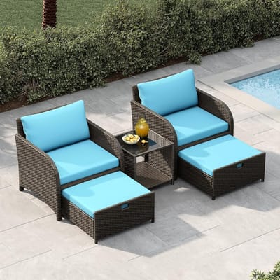 5-Delige Loungeset / Balkonset - Polyrattan Tuinset met 2 Stoelen, 2 Voetenbanken & Tafel - Ruimtebesparend - Lichtblauw
