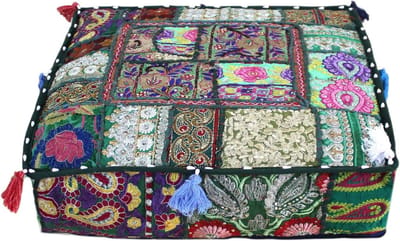 Poef Hoes - Ottomaanse Deksel Voetenbank - Woonkamer Decoratie - Handgezeefdrukt Katoen - 65 x 65 x 13 cm - Donkergroen