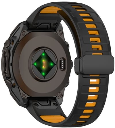Siliconen bandje - geschikt voor Garmin Fenix 5 / 5 Plus / 6 / 6 Pro / 7 / 7 Pro / 8 (47 mm) / E (47 mm) / Epix (Pro) (2) 47 mm/ Quatix 5 / 6 / 7 / 7 Pro / Approach S60 / S62 / S70 47 mm / MARQ / D2 Delta / D2 Mach 1 / Descent G1 - zwart-oranje