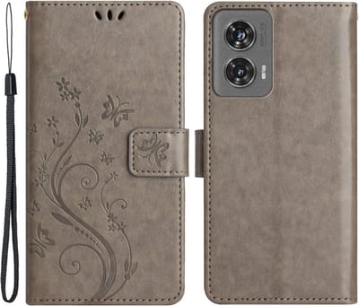 Coverup Hoesje - Geschikt voor Motorola Edge 50 Fusion Hoesje - Coverup Bloemen & Vlinders Book Case - Taupe Grijs