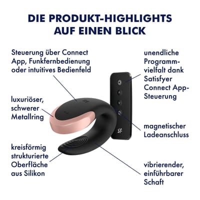 Satisfyer, luxe koppelvibrator met afstandsbediening, 'Double Love' met app en radiografische afstandsbediening, medische siliconen, 8,6 cm