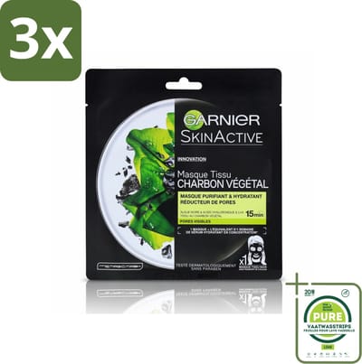 3 x Garnier - SkinActive - Tissue Masker - Charcoal - 1 Gezichtsmasker - Grootverpakking - Huid Masker - Houtskool Masker - Reinigende Masker - Hydraterend Masker - Poriën Vermindering
