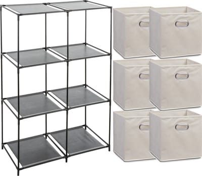 Zeller Kastmandjes/opberg manden - beige - 6x stuks van 29L - Metalen rekje is 68 x 98 cm
