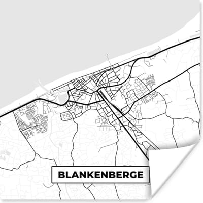 Poster Stadskaart – Plattegrond – België – Zwart Wit – Blankenberge – Kaart - 100x100 cm XXL