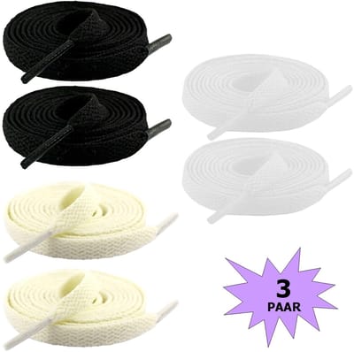 Fako Fashion - Schoenveters - Veters - Plat - 8mm - 120cm - 3 Paar - 6 Stuks - Crème, Wit & Zwart