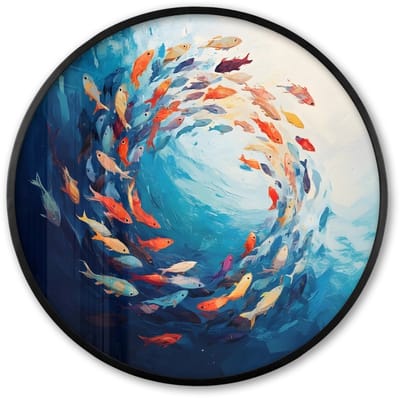 Poster in lijst Rond - Fotolijst 60x60 cm - Posters - Zee - Vissen - Kleurrijk - Dynamisch - Ronde posterlijst zwart - Decoratie - Wanddecoratie woonkamer - Muurdecoratie slaapkamer