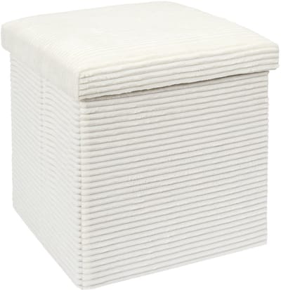 Home Deco Factory Poef/hocker opvouwbaar - rib design - opbergbox - wit - polyester/mdf - 38 x 38 cm