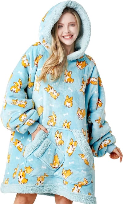 Draagbare deken hoodie - oversized flanel sherpa fleece sweatshirt voor volwassenen en kinderen, blauw