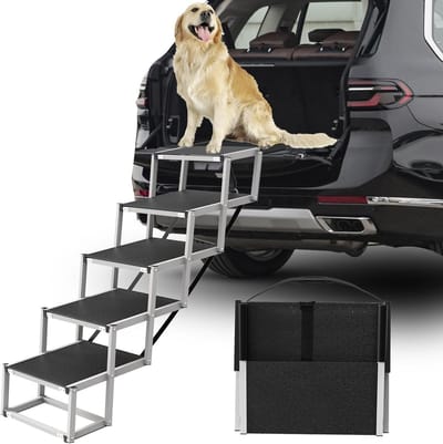 Hondentrap voor grote honden - 5-traps opvouwbare hondenoprit voor auto antislip oppervlakteondersteuning tot 230 lbs - geschikt voor SUV, vrachtwagen, banken, bed