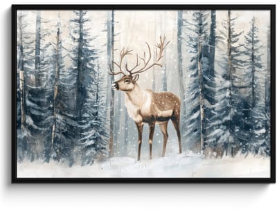 Poster in lijst - Fotolijst 120x80 cm - Posters - Rendier - Sneeuw - Woud - Wit - Posterlijst zwart - Decoratie - Wanddecoratie woonkamer - Muurdecoratie slaapkamer
