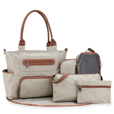 Set van 6 baby luiertassen, Multifunctionele babytas moeder windeltas reistas schoudertas draagtas handtas met fleszak luieronderlegger & kinderwagenhaak (Kaki)