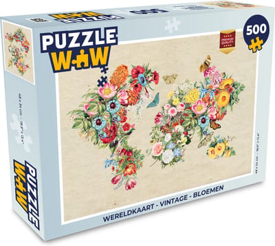 Puzzel Wereldkaart - Vintage - Bloemen - Legpuzzel - Puzzel 500 stukjes