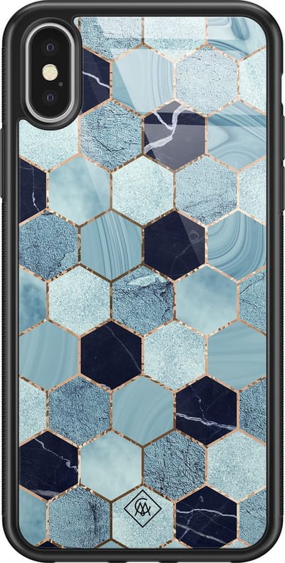 Casimoda® hoesje - Geschikt voor iPhone Xs - Blue Cubes - Luxe Hard Case Zwart - Backcover telefoonhoesje - Blauw
