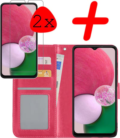 Hoesje Met 2x Screenprotector - Geschikt voor Samsung Galaxy A13 5G - Luxe Pasjeshouder - Bookcase Portemonee - Flip Case - Kunstleer Book Case - Flipcase Hoes - Book Cover - Walletcase - Portemonneehoes - Donkerroze