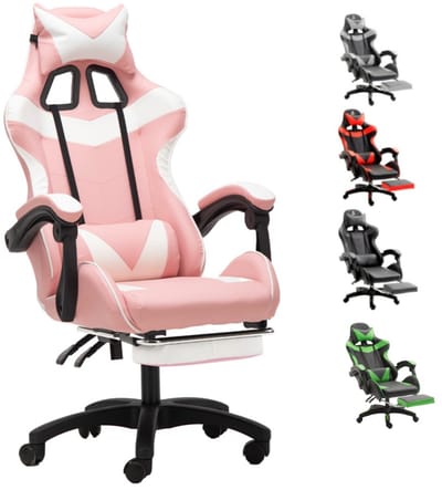 GOTAGEE Gamingstoel Bureaustoel Ergonomische Gamestoel Met Lendensteun un voetpedalen Hoogte en Ligfunctie Wit-Roze