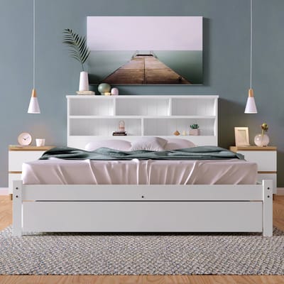 Tweepersoonsbed 140 x 200 cm – met hydraulische opbergruimte, lades en boekenkast – houten – wit – voor moderne slaapkamer – praktische slaapoplossing voor