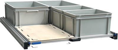 Schuifframe aluminium voor camper 120x80 cm inclusief 4 open bakken met multiplex berk 9 mm bovenplaat