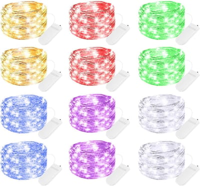 12-pack multi-color led-lampjes op batterijen, waterdicht, zilverdraad, 2,1 meter, 20 led-lampjes met vuurvliegjes, sterrenhemel en maan voor doe-het-zelf, bruiloft, feest, slaapkamer, terras, kerst