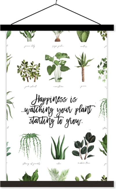 Posterhanger incl. Poster 40x60 cm - Schoolplaat - Spreuken - Happiness is... watching your plant starting to grow - Quotes - Textielposter - Zwarte latten