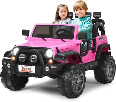 COSTWAY Elektrische kinderauto, 2-zits met 2,4 G-afstandsbediening, 3 versnellingen, 12 V, kinderauto met MP3, muziek, claxon en koplamp 2,5-4 km/u, voor kinderen vanaf 3 jaar (roze)