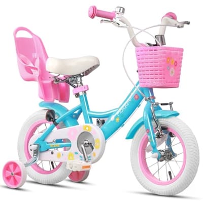 Meisjesfiets met Poppenzitje & Mand – 12-20 inch, Kinderfiets voor 2-13 Jaar, Prinsessenstijl, Inclusief Trainingswielen