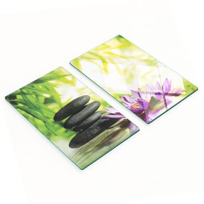 Set van 2 geharde glazen planken met lotus- en zensteenmotief, 2x30x52 cm