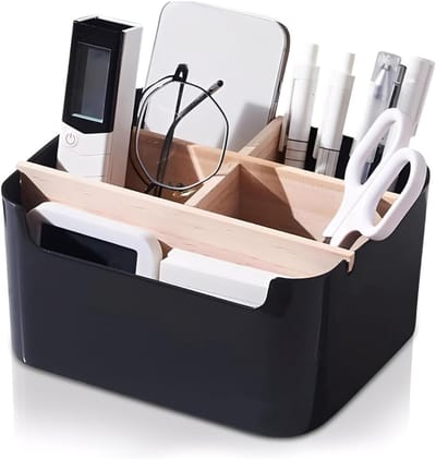 Famanu – Bamboe pennenorganizer 5 vakken met scheidingswanden – desktop organizer voor studie/kantoo