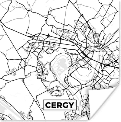 Poster Kaart - Cergy - Plattegrond - Frankrijk - Stadskaart - Zwart wit - 100x100 cm XXL
