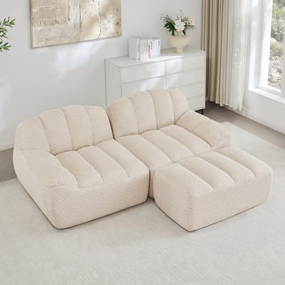 BLACKCOLORS Modulaire L-vormige 2-zitsbank zonder frame, schelpvorm, diepe zitkussens met 1 chaise longue, bank voor woonkamer, geen montage nodig, beige-wit