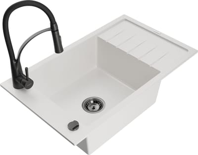 Mexen Elias granieten spoelbak 1-komorig met druiprek en keukenkraan Aster, wit - 6511-20-73450-70-B