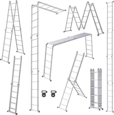 6-in-1 Aluminium Vouwladder met Platform en Wielen