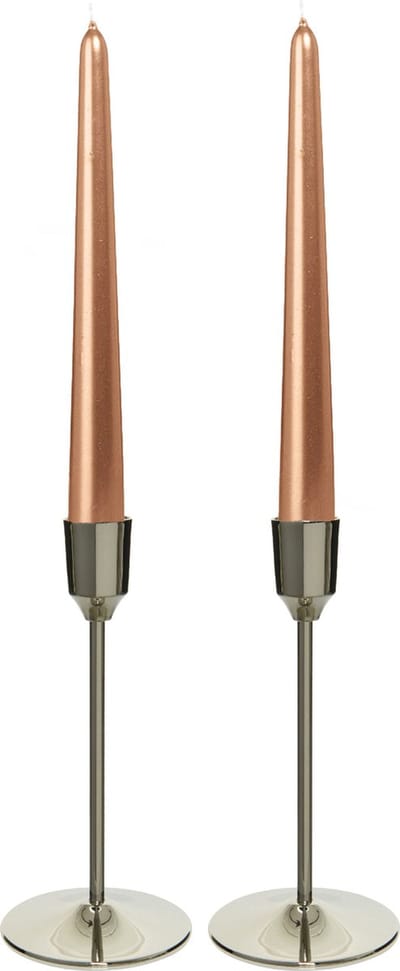 Kandelaars 2x aluminium zilver 20 cm met 12x rose gold dinerkaarsen