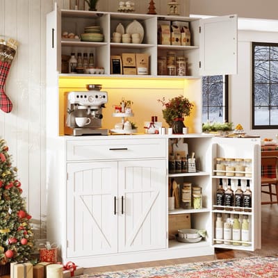 Keukenkast - 110x38x180 cm - Buffetkast Landelijke Stijl - 5 Deuren Led en Stopcontact - Hout - Wit