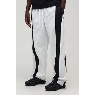 Relaxed Fit Curve Panel and Binding Toggle Hem Nylon Track Pants | White | Size XS