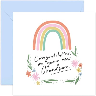 Lieve Babykaart Kleinzoon voor Opa en Oma - 'Welcome Little One' Regenboog Bloemen