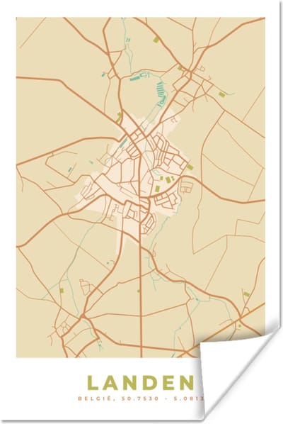 Poster Plattegrond - Landen - Retro - Kaart - Stadskaart - 120x180 cm XXL