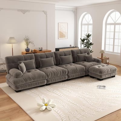 4-Zits Bank, L-Bank, Modulaire Hoekbank, L-vormige Bankstel voor de Woonkamer, Comfortabele 4-zitsbank met Verplaatsbare Poef, Doe-het-zelf Combinatie, Chenille-Bruin