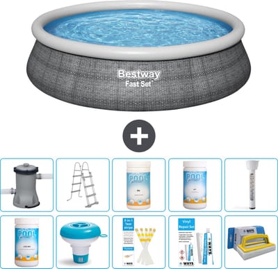 Bestway Rond Opblaasbaar Fast Set Zwembad - Rotanprint - 457 x 107 cm - Inclusief Pomp - Ladder Chloor - Chloordrijver - Testrips - Reparatiesetje - Scrubborstel - PH-waarde - PH-waarde - Thermometer