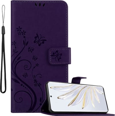Cadorabo Hoesje geschikt voor Honor 70 in BLOEMEN DONKER PAARS - Beschermhoes in bloemmotief met magnetische sluiting, standfunctie en kaartsleuven Book Case Cover Etui