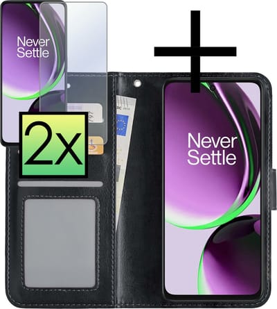 Hoesje - Met 2x Screenprotector - Geschikt voor OnePlus Nord CE 3 Lite - Luxe Pasjeshouder - Bookcase Portemonee - Flip Case - Kunstleer Book Case - Flipcase Hoes - Book Cover - Walletcase - Portemonneehoes - Zwart