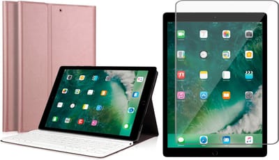 Hoes met toetsenbord geschikt voor iPad Pro 12.9 - Screen Protector GlassGuard - 2015 / 2017 - Keyboard Book Case Cover Hoesje Rose & Screenprotector