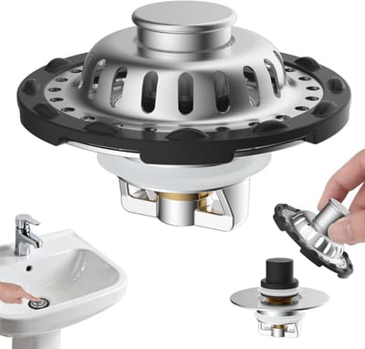 Universele 3-in-1 Wastafelstop met Zeefmand en Pop-up Drukbediening - RVS Afvoerplug voor Spoelbak