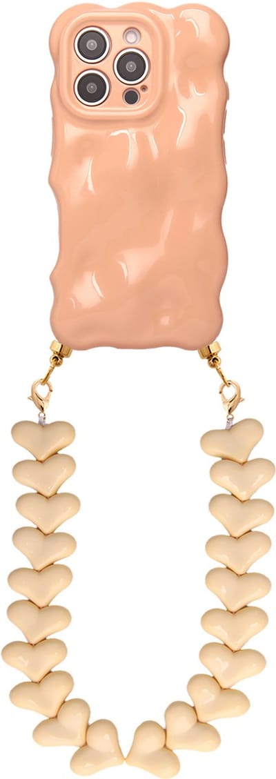Casies Bubbly hoesje geschikt voor Apple iPhone 13 met creme harten koord - telefoonhoesje met chunky hartenkoord - Cord case - Oranje